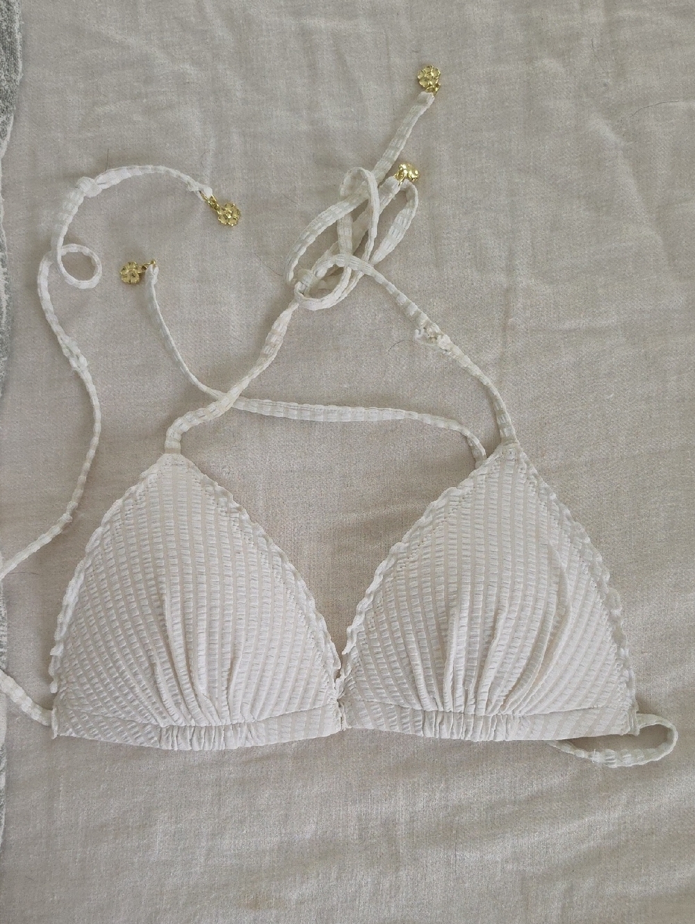 Textured White Triangle Bikini Top with Braided Ties